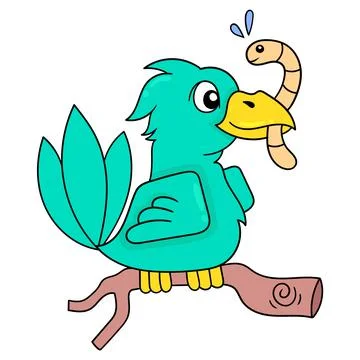 Birds are perching on tree branches carrying caterpillars to eat, doodle icon Stock Illustration