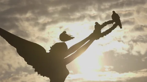 Birds on a backlit silhouette statue with background clouds Stock Footage 72384300