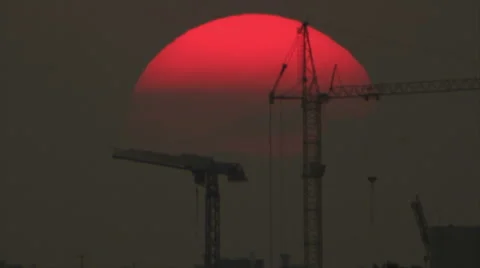 Birds between cranes at sunset Video stock 58225961