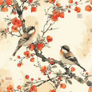 Birds, Blossom Pattern Tile. Print Design Seamless Patterns. Stock Illustration