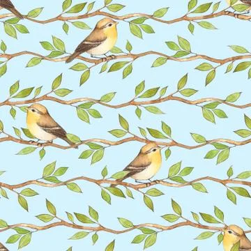Birds on branches. Blue seamless pattern Stock Illustration