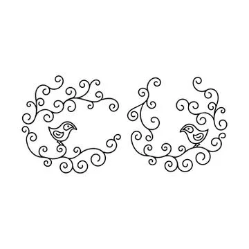Birds on branches in the form of spiral. Graphics, Greeting card, wedding inv Stock Illustration