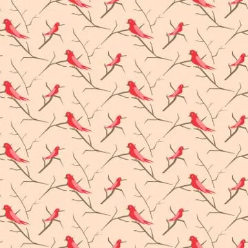 Birds on branches pink cute pattern seamless vector. Illustrazione stock