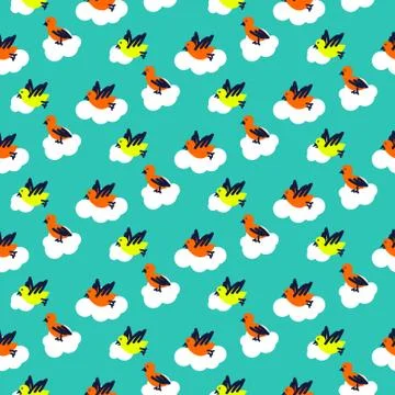 Birds on clouds turquoise blue pattern seamless vector. Stockillustratie