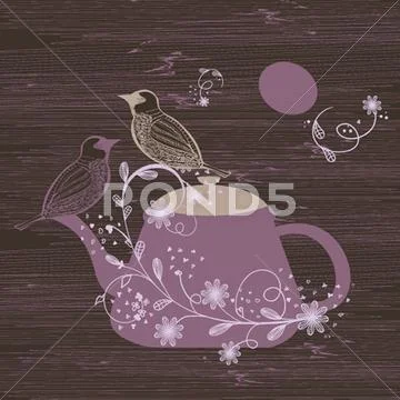 Birds couple on the teapot, hand drawn. Stock Illustration