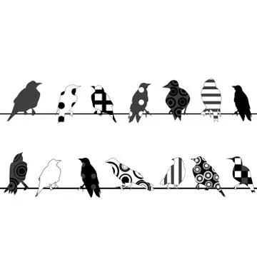 Birds with different pattern on wires Stock Illustration
