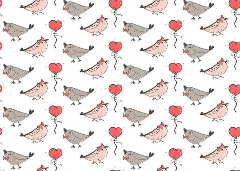 Birds doodle seamless pattern. Hand drawn elements, balloon, heart, cartoon Stock Illustration