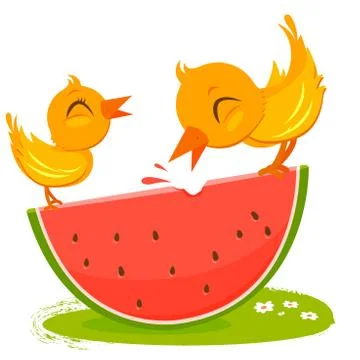 Birds eating a slice of watermelon. Vector illustration Stock Illustration