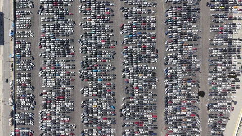 Bird’s Eye Aerial Drone Reverse Dolly Over Car Junkyard in Los Angeles (Daytime Stock Footage 334015549