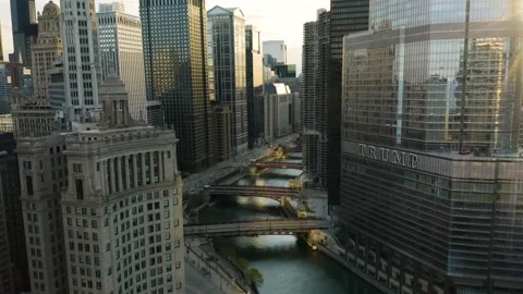 Birds Eye Aerial View Downtown Chicago during Coronavirus Pandemic, Trump Tower Stock Footage