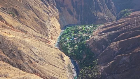 Bird’s-Eye Drone Captures Colca Canyons Paradise Oasis in Morning Light with 動画素材 325505570