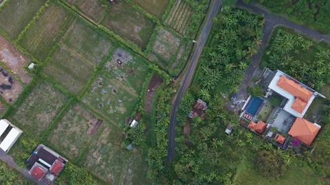 Birds Eye Drone Flight Along Rural Road Fields and Buildings Stock Footage 344867231