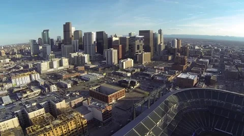 Birds Eye Panorama over looking downtown Denver and Coors Field Stock Footage