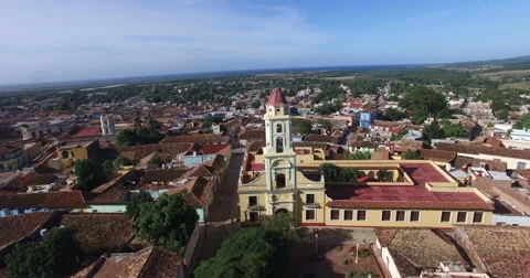Bird's-eye panoramic view around main yellow chapel, roofs of ancient houses, Stock Footage 68382517