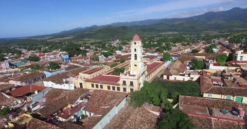 Bird's-eye panoramic view around main yellow chapel, roofs of ancient houses, Stock Footage 68382682