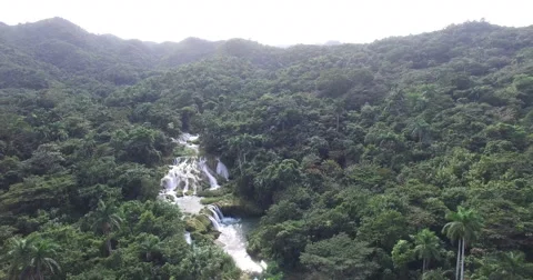 Bird's-eye panoramic view from drone to mountains river and waterfall in a Stock Footage 67999098