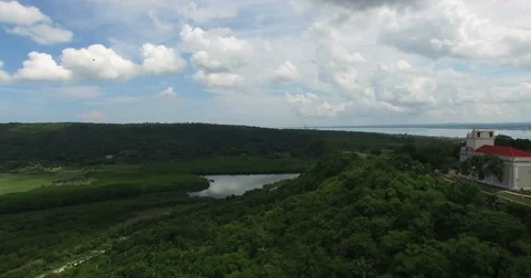 Bird's-eye panoramic view from drone to landscape of forests, extensive field Stock Footage 68075994