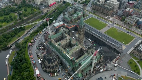Birds eye top view Ottawa parliament renovating underground welcome center 180 Stock Footage 332398478