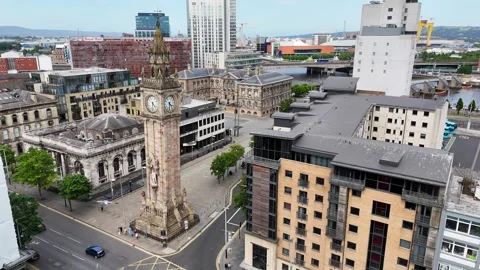 Bird's-eye view of Albert Memorial Clock in Belfast, Northern Ireland, UK Stock Footage 292632707