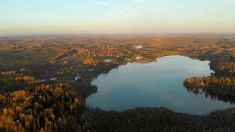 Bird's-eye view of autumn forest and a small lake Stock Footage 114831412