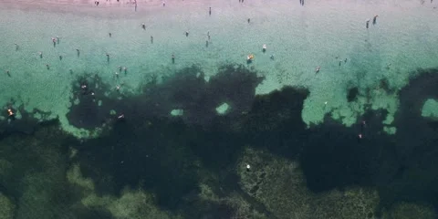 Birds Eye view of beach Majorca, Spain Europe: Santa Ponsa, sandy beach aerial Stock Footage 346289685