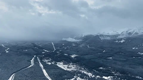 Bird's eye view camera captures the endless forest valley in Alberta, Canada Video stock 143233582