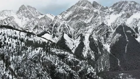 Bird's-eye view camera shoots snowy rocks and black forest in Alberta Vídeo Stock 143233792
