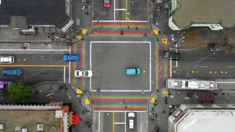 Birds Eye View of Castro District in San Francisco with Rainbow Streets Stock Footage 99890181