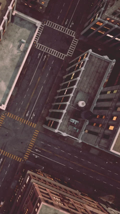Birds eye view of city intersection with buildings and roads Stock Footage 343157155