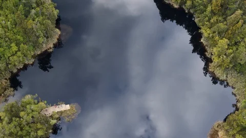 Birds eye view of clear reflective lake with clouds on the surface Stock Footage 86502733