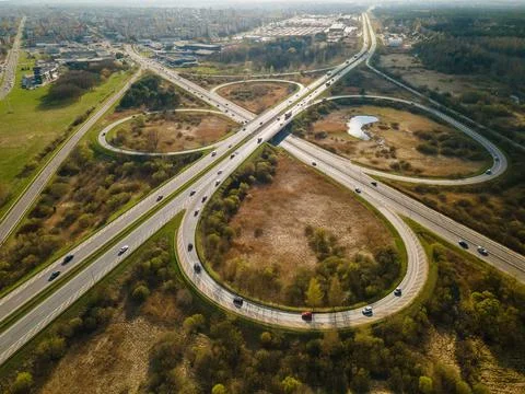 Bird's eye view of clover leaf transport intersection in Kaunas, Lithuania Stock Photos