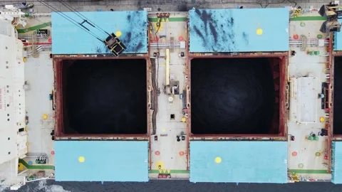 Bird’s Eye View of Coal Transfer - Industrial Port Efficiency and Machinery, 4K Stock Footage 295169013
