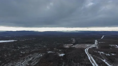 Bird's-eye view of a dense forest and Evie Lake on cloudy winter day in Alberta Video stock 139117917