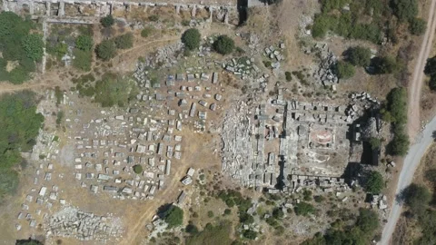 Bird's Eye View Dolly Forward of the Ancient Historic Ruins of Ephesus Stock Footage 208029282