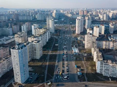 A bird's eye view from drone to the Darnyts'kyi district of Kiev, Ukraine with Stock-Fotos
