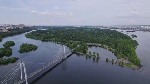 Bird's eye view of the drone. A view into the distance, a wide river and a large Stock Footage 170884702