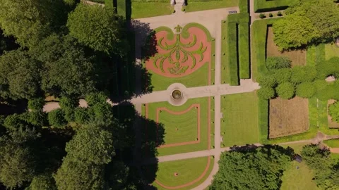 Bird's-Eye View of Egeskov Castle Revealing Its Unique Geometric Gardens Stock Footage 345899689