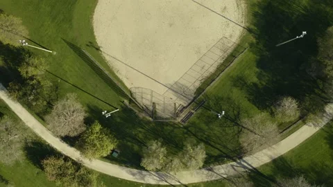 Birds Eye View of Empty Baseball Field in Park, Aerial Video stock 130403455