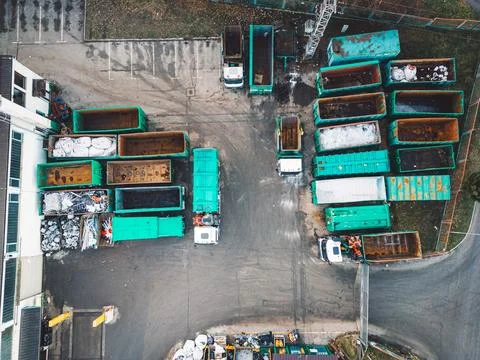 Birds eye view at empty containers for recycling purposes at the recycling Stock Photos