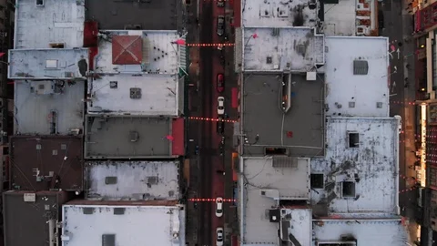 Bird's eye view flying through Chinatown Stock Footage 113359948