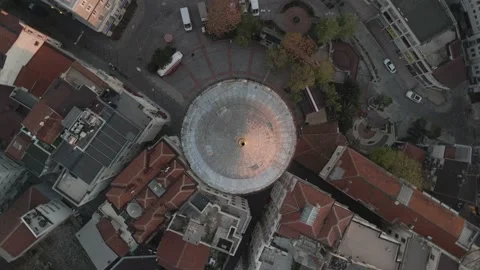 Bird's eye view of Galata Tower. Aerial Galata Tower at Sunrise Stock Footage 144246561