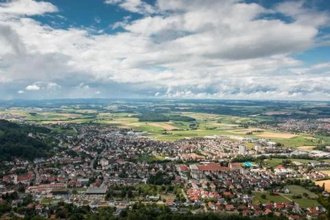 Bird's-eye view of German fields, meadows, forests and villages Stock Photos