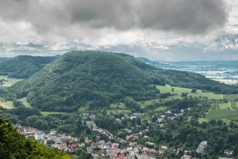 Bird's-eye view of German fields, meadows, forests and villages Stock Photos