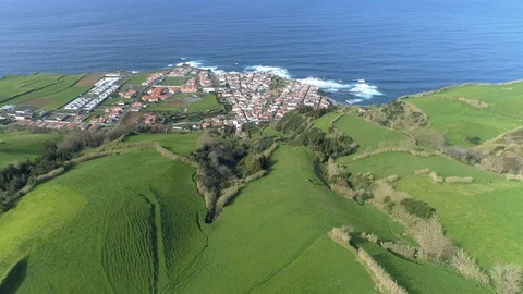 Bird's eye view of green fields of San Miguel Island, Azores, Portugal. Video stock 88394656