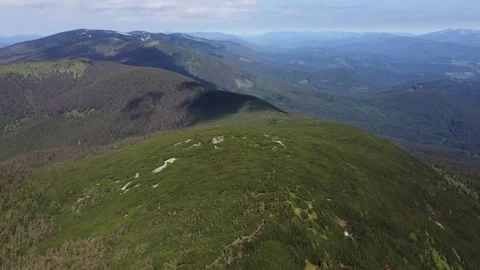 Bird’s eye view of green mountain meadows and evergreen forest Stock Footage 337048761