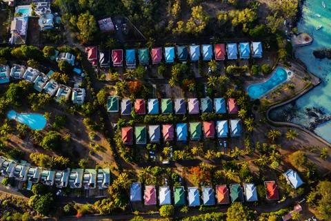 Bird's-eye view of the hotel complex. Grey part of the island of Mauritius Stock Photos