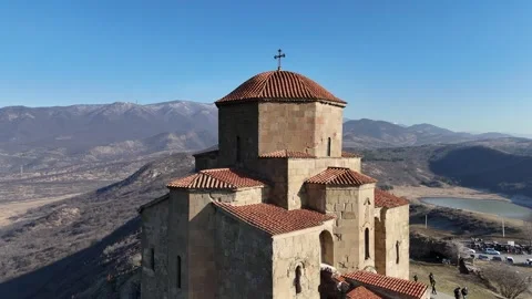 Bird's Eye View of Jvari Monastery in Winter Sunshine Stock Footage 296235593