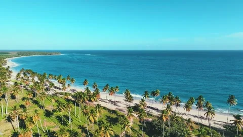Bird's eye view of a large, long wild beach with white sand and turquoise sea. Vidéo 252243398