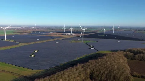 Birds eye view of a modern environmental engineering facility harvesting wind Stock Footage 336949291