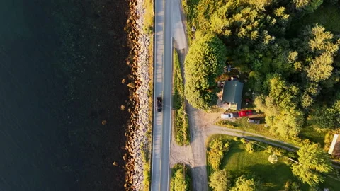 Birds eye view of ocean side road Stock Footage 342970540